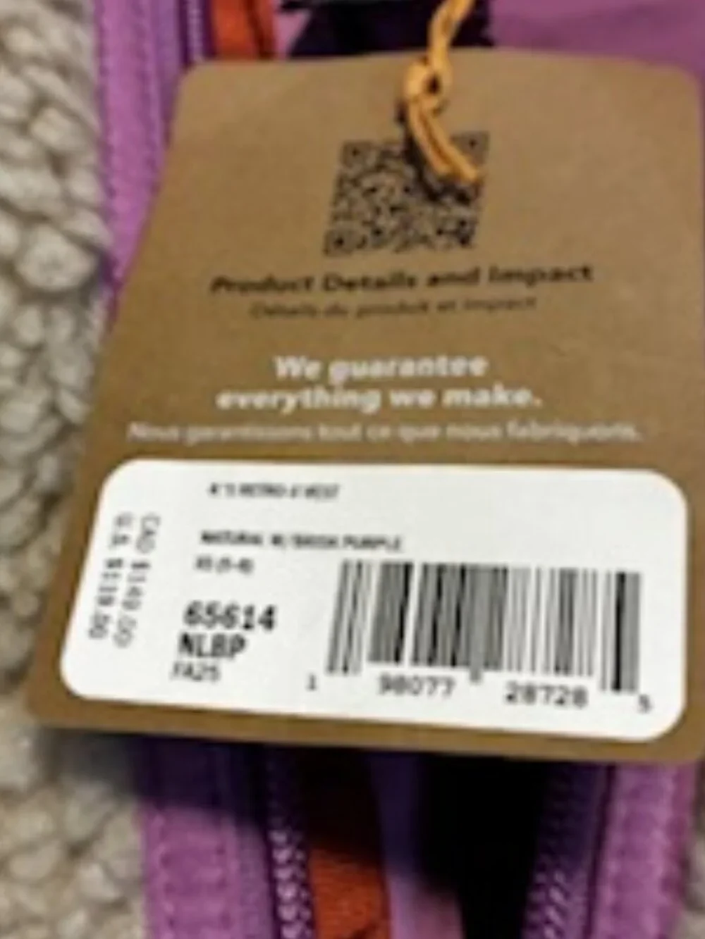 Patagpnia Retro X Fleece Childs Vest, Beige & bright purple lining, Size XS - Picture 4 of 7